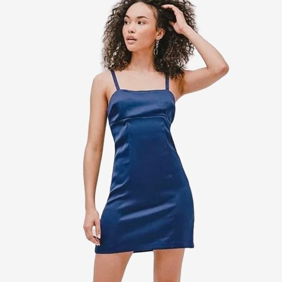 Urban Outfitters Wesley Satin Slip Dress Size M Navy Blue Glam Cocktail Party - Picture 3 of 4